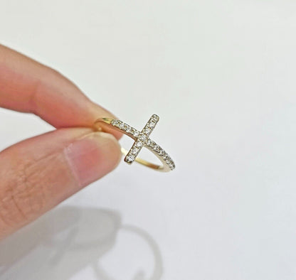 10k Yellow Gold Ring Ladies size 7 Real 10kt Cross Ring With Stones For Women - Reva Jeweler