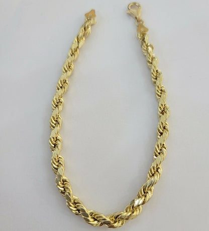 10k Yellow Gold Rope Bracelet 5mm 8" Inch Long Diamond Cuts, Real 10kt Gold - Reva Jeweler