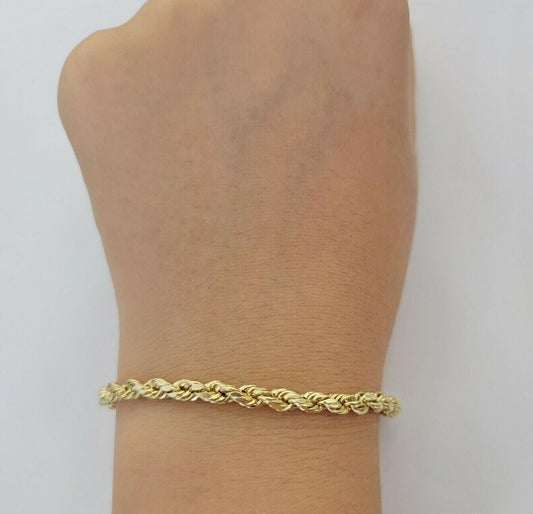 10k Yellow Gold Rope Bracelet 5mm 8" Inch Long Diamond Cuts, Real 10kt Gold - Reva Jeweler