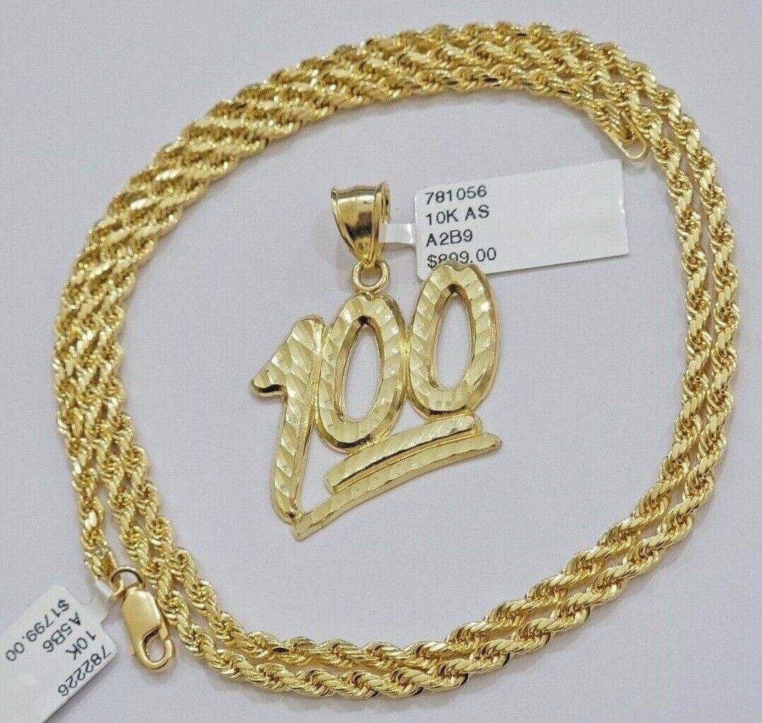 10k Yellow Gold Rope Chain 100 Charm Pendant Set 18" - 28 Inch 3mm Necklace REAL - Reva Jeweler