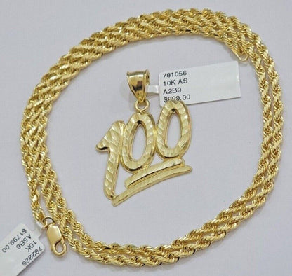 10k Yellow Gold Rope Chain 100 Charm Pendant Set 18" - 28 Inch 3mm Necklace REAL - Reva Jeweler