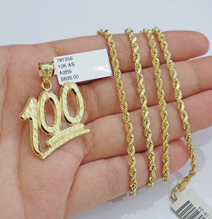 10k Yellow Gold Rope Chain 100 Charm Pendant Set 18" - 28 Inch 3mm Necklace REAL - Reva Jeweler