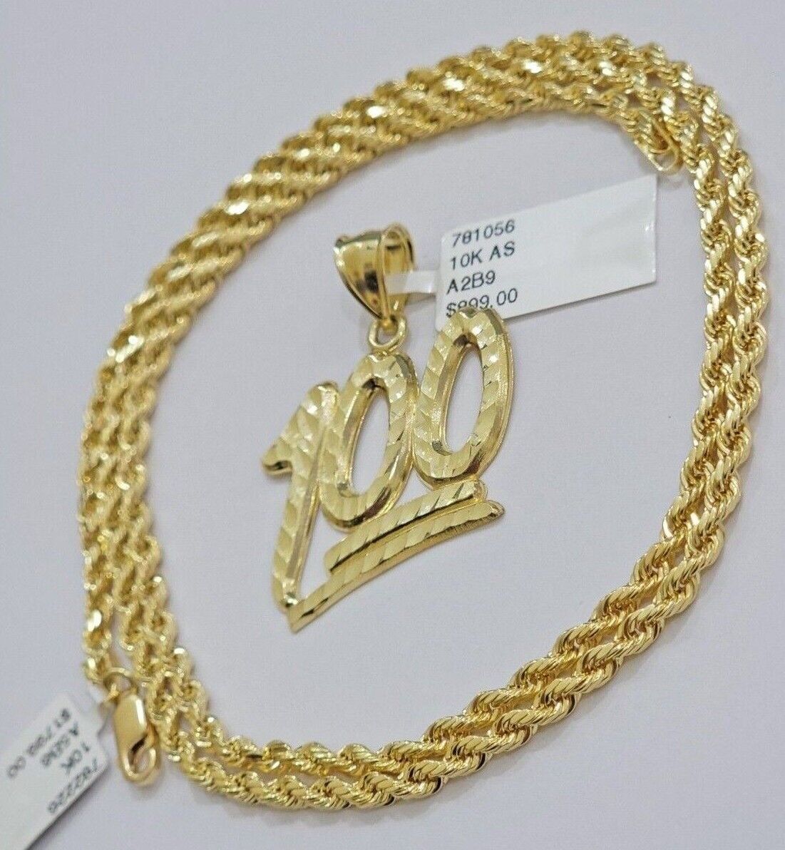 10k Yellow Gold Rope Chain 100 Charm Pendant Set 18" - 28 Inch 3mm Necklace REAL - Reva Jeweler