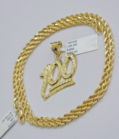 10k Yellow Gold Rope Chain 100 Charm Pendant Set 22 Inch 3mm Necklace REAL SALE - Reva Jeweler