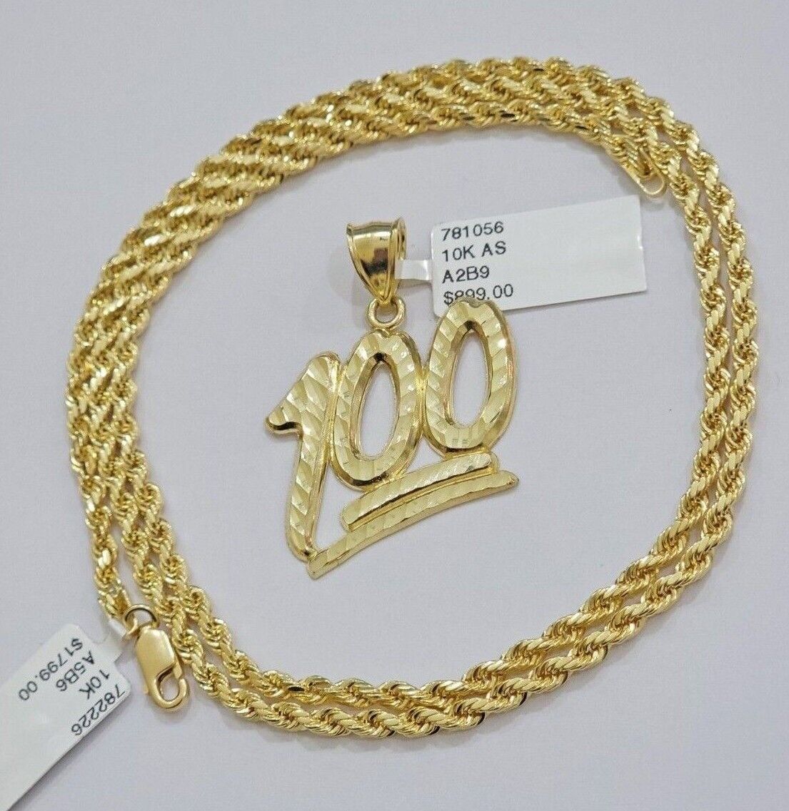 10k Yellow Gold Rope Chain 100 Charm Pendant Set 22 Inch 3mm Necklace REAL SALE - Reva Jeweler