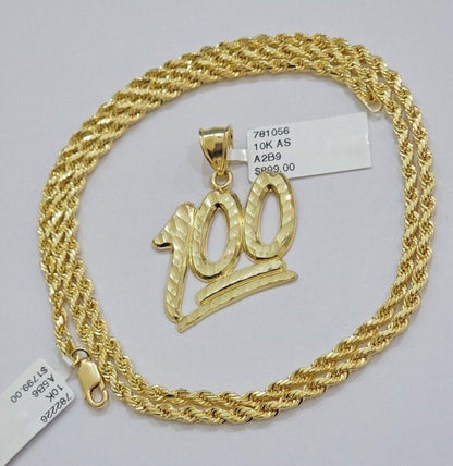 10k Yellow Gold Rope Chain 100 Charm Pendant Set 22 Inch 3mm Necklace REAL SALE - Reva Jeweler