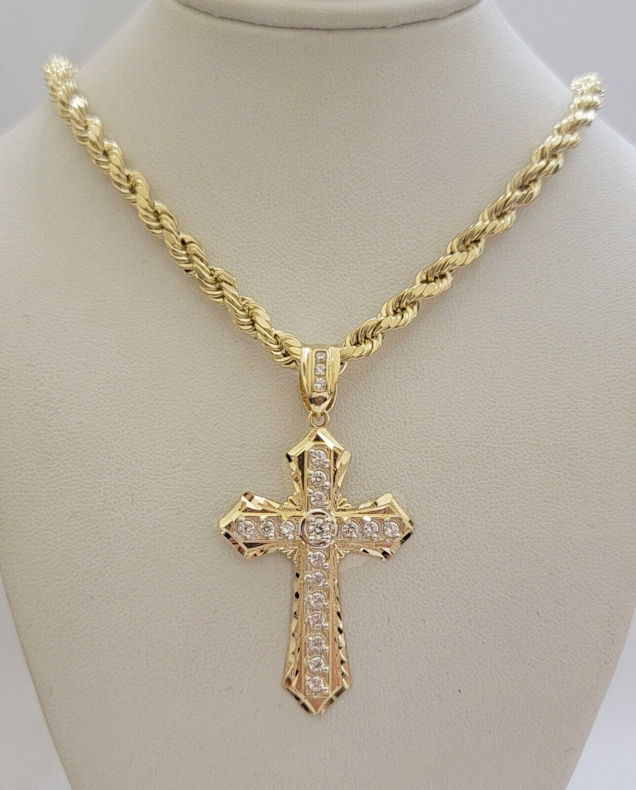 10k Yellow Gold Rope Chain 26" 5mm Necklace Cross Charm Pendant Set REAL 10k Men - Reva Jeweler