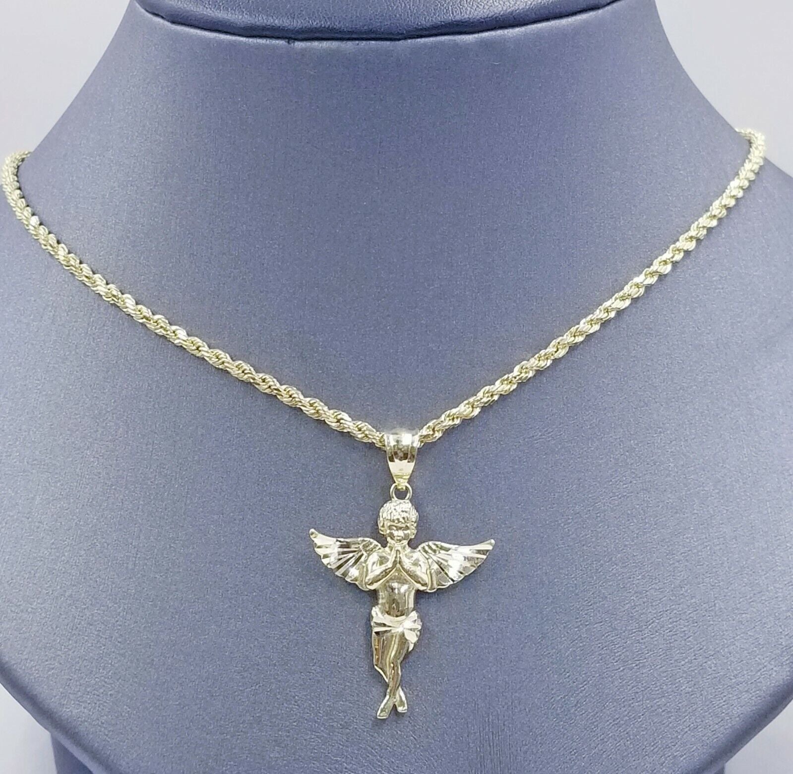 10k Yellow Gold Rope Chain, Angel Charm Pendant Necklace Set 18" - 28" Real 10kt - Reva Jeweler