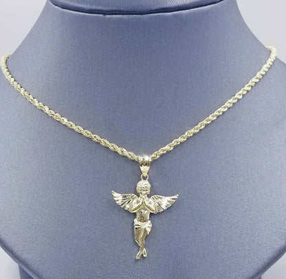 10k Yellow Gold Rope Chain, Angel Charm Pendant Necklace Set 18" - 28" Real 10kt - Reva Jeweler