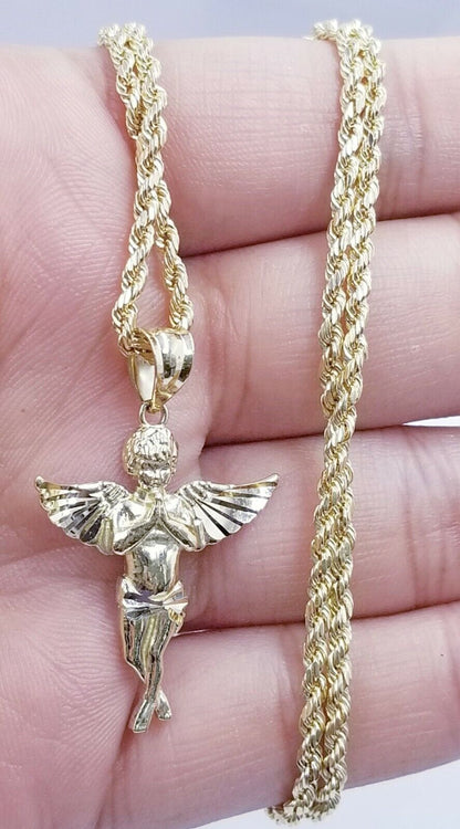 10k Yellow Gold Rope Chain, Angel Charm Pendant Necklace Set 18" - 28" Real 10kt - Reva Jeweler