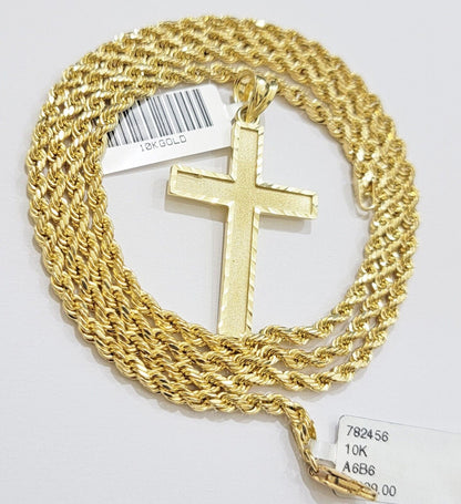 10k Yellow Gold Rope Chain & Cross Charm Set REAL 10KT 22 Inch necklace pendant - Reva Jeweler