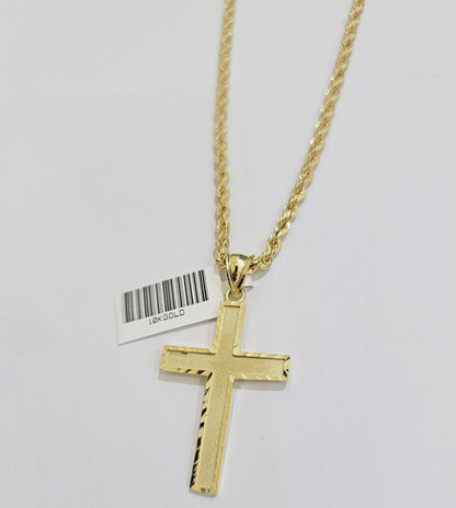 10k Yellow Gold Rope Chain & Cross Charm Set REAL 10KT 26 Inch necklace pendant - Reva Jeweler