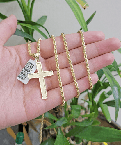 10k Yellow Gold Rope Chain & Cross Charm Set REAL 10KT 28 Inch necklace pendant - Reva Jeweler