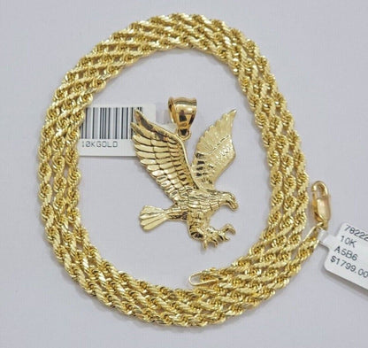 10k Yellow Gold Rope Chain Eagle Charm Pendant Set 18" - 28 Inch 3mm Necklace REAL - Reva Jeweler
