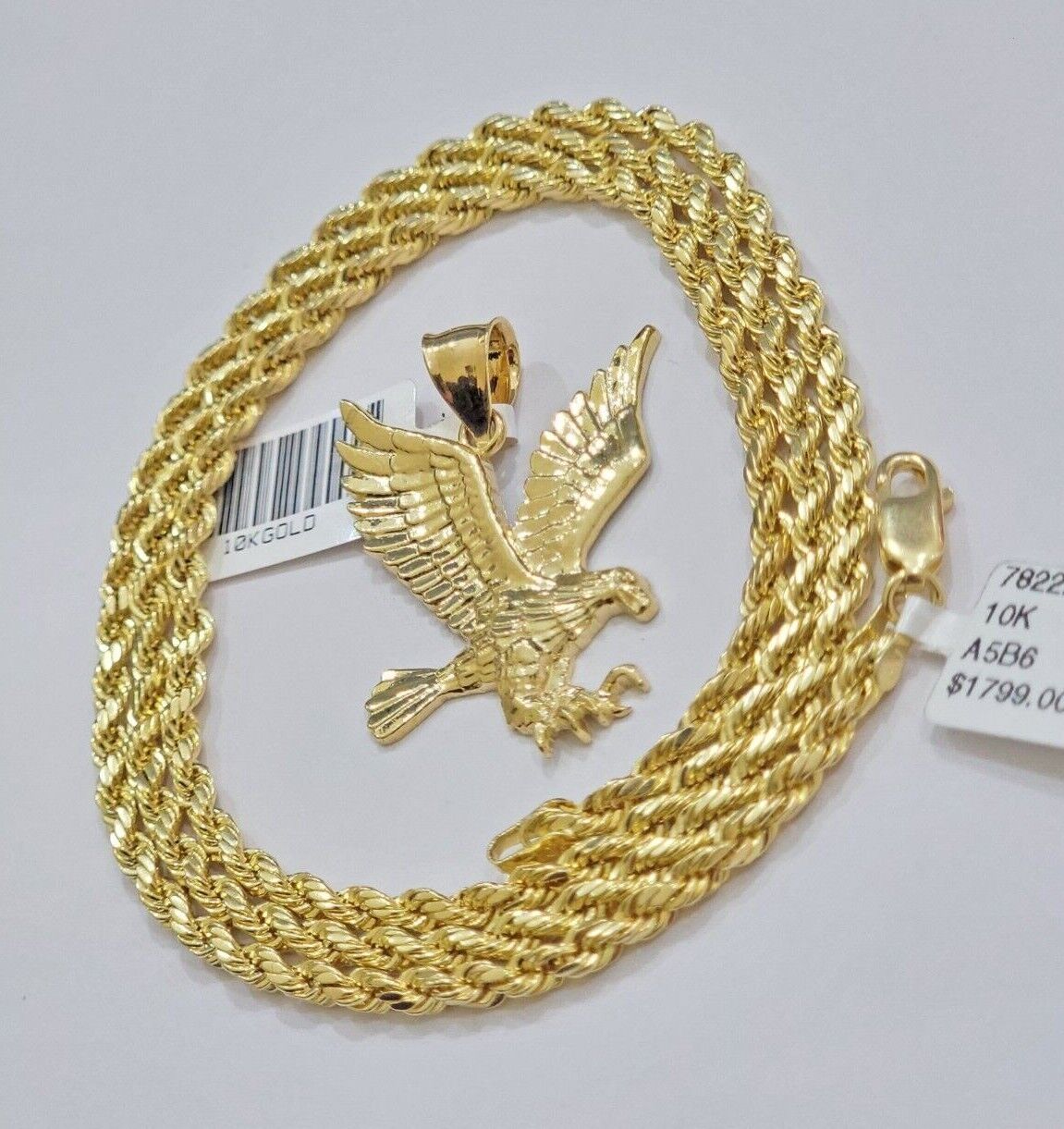 10k Yellow Gold Rope Chain Eagle Charm Pendant Set 18" - 28 Inch 3mm Necklace REAL - Reva Jeweler