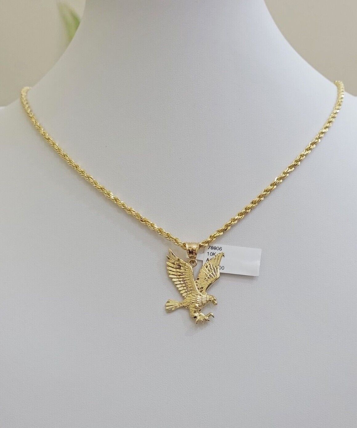 10k Yellow Gold Rope Chain Eagle Charm Pendant Set 18" - 28 Inch 3mm Necklace REAL - Reva Jeweler
