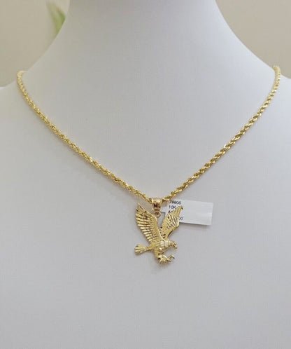 10k Yellow Gold Rope Chain Eagle Charm Pendant Set 18" - 28 Inch 3mm Necklace REAL - Reva Jeweler