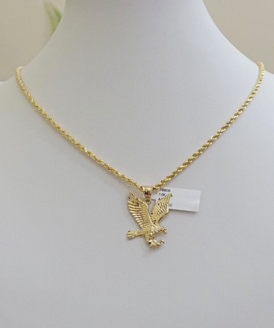 10k Yellow Gold Rope Chain Eagle Charm Pendant Set 18" - 28 Inch 3mm Necklace REAL - Reva Jeweler