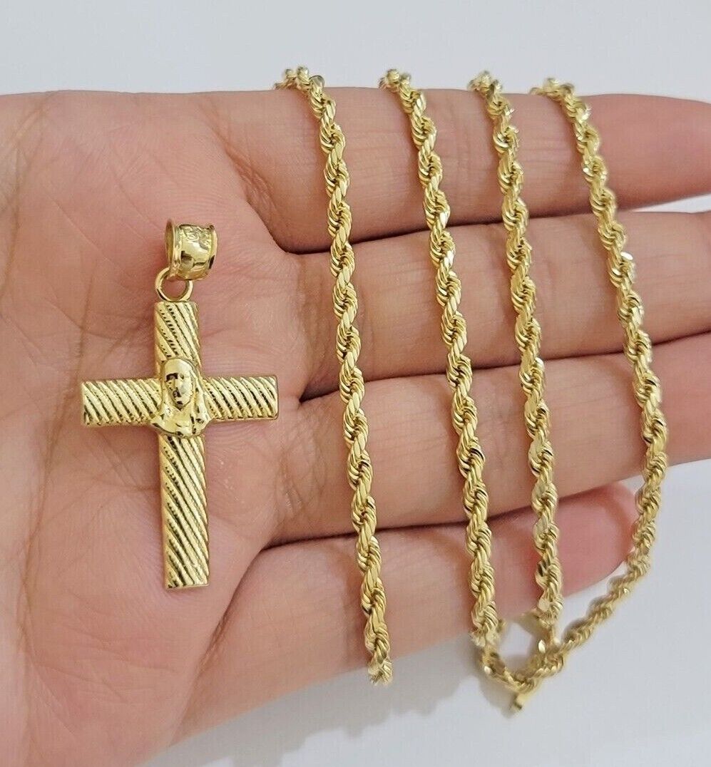 10k Yellow Gold Rope Chain Jesus Cross Charm Pendant Set 18 - 28'' Inches Necklace - Reva Jeweler