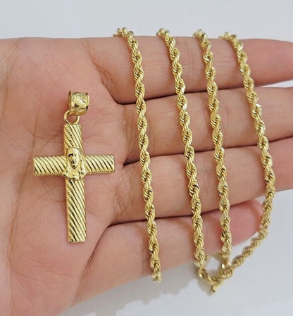 10k Yellow Gold Rope Chain Jesus Cross Charm Pendant Set 18 - 28'' Inches Necklace - Reva Jeweler