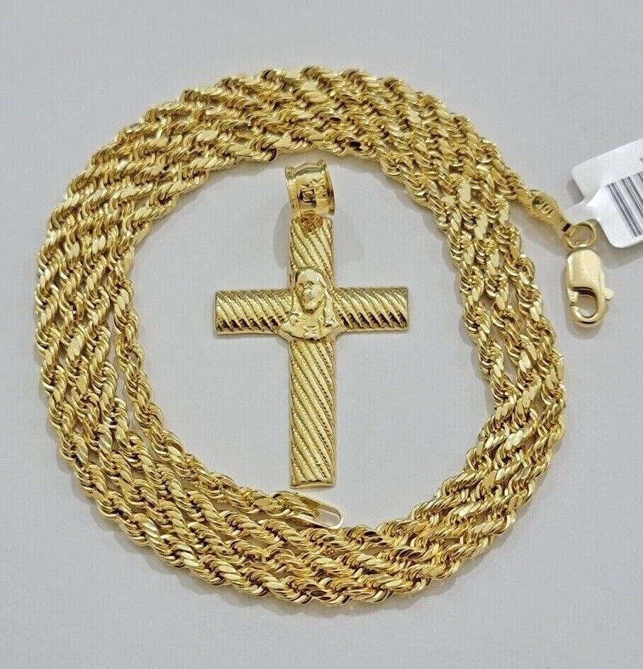 10k Yellow Gold Rope Chain Jesus Cross Charm Pendant Set 18 - 28'' Inches Necklace - Reva Jeweler