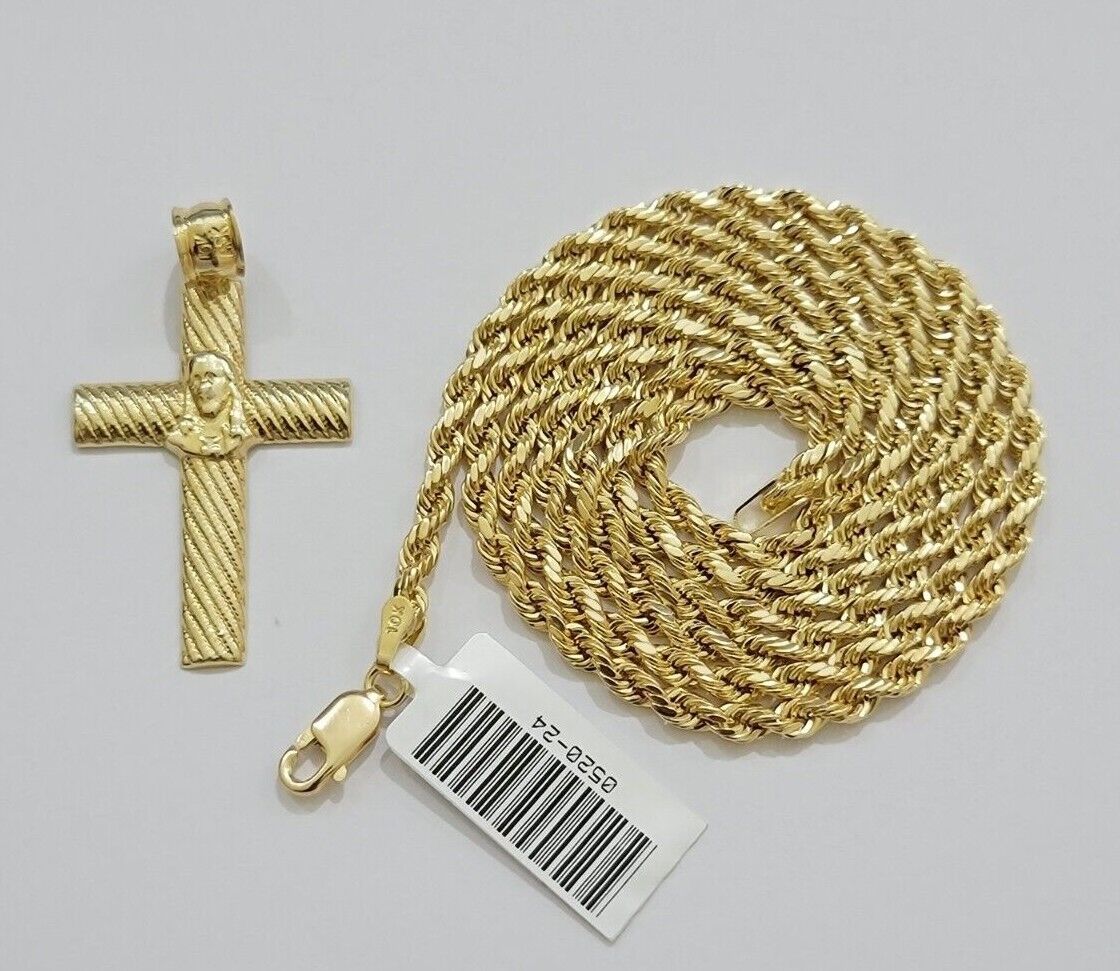 10k Yellow Gold Rope Chain Jesus Cross Charm Pendant Set 18 - 28'' Inches Necklace - Reva Jeweler