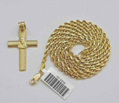 10k Yellow Gold Rope Chain Jesus Cross Charm Pendant Set 18 - 28'' Inches Necklace - Reva Jeweler