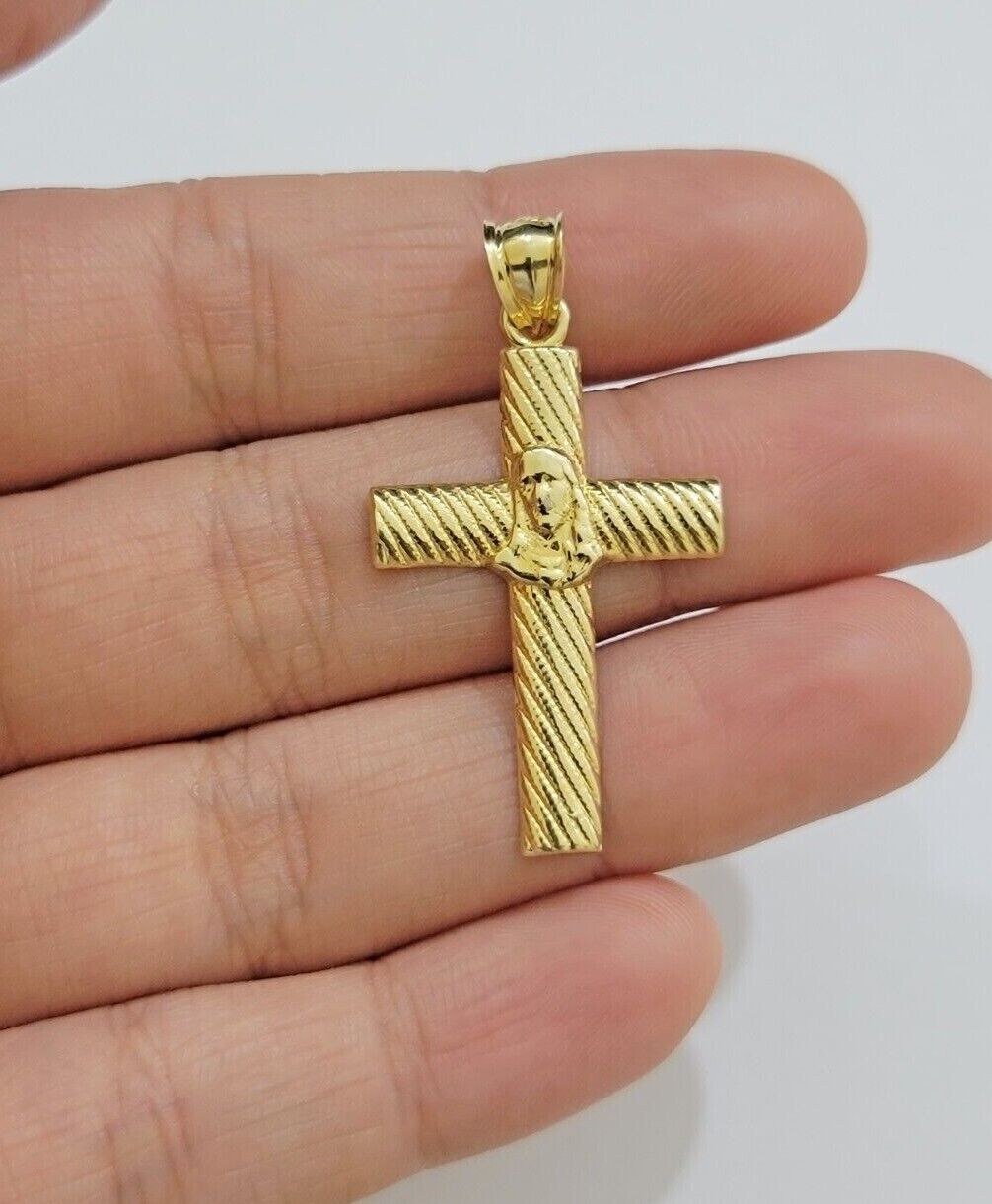 10k Yellow Gold Rope Chain Jesus Cross Charm Pendant Set 18 - 28'' Inches Necklace - Reva Jeweler