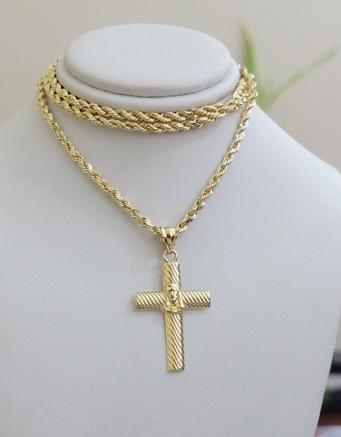 10k Yellow Gold Rope Chain Jesus Cross Charm Pendant Set 18 - 28'' Inches Necklace - Reva Jeweler