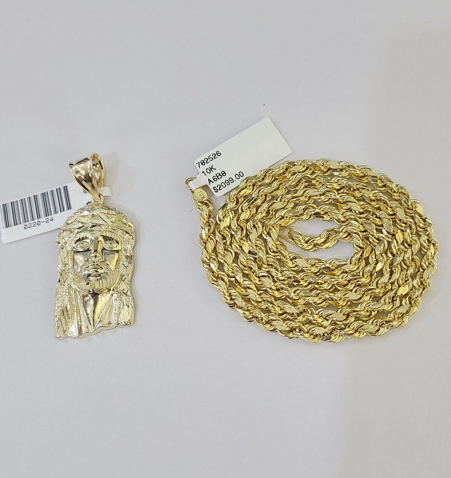 10k Yellow Gold Rope Chain Jesus Cross Charm Set 4mm 18" - 26"Inch Necklace - GoldenlinQ