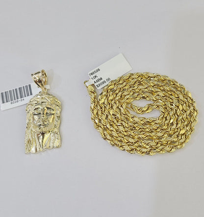 10k Yellow Gold Rope Chain Jesus Cross Charm Set 4mm 18" - 26"Inch Necklace - GoldenlinQ