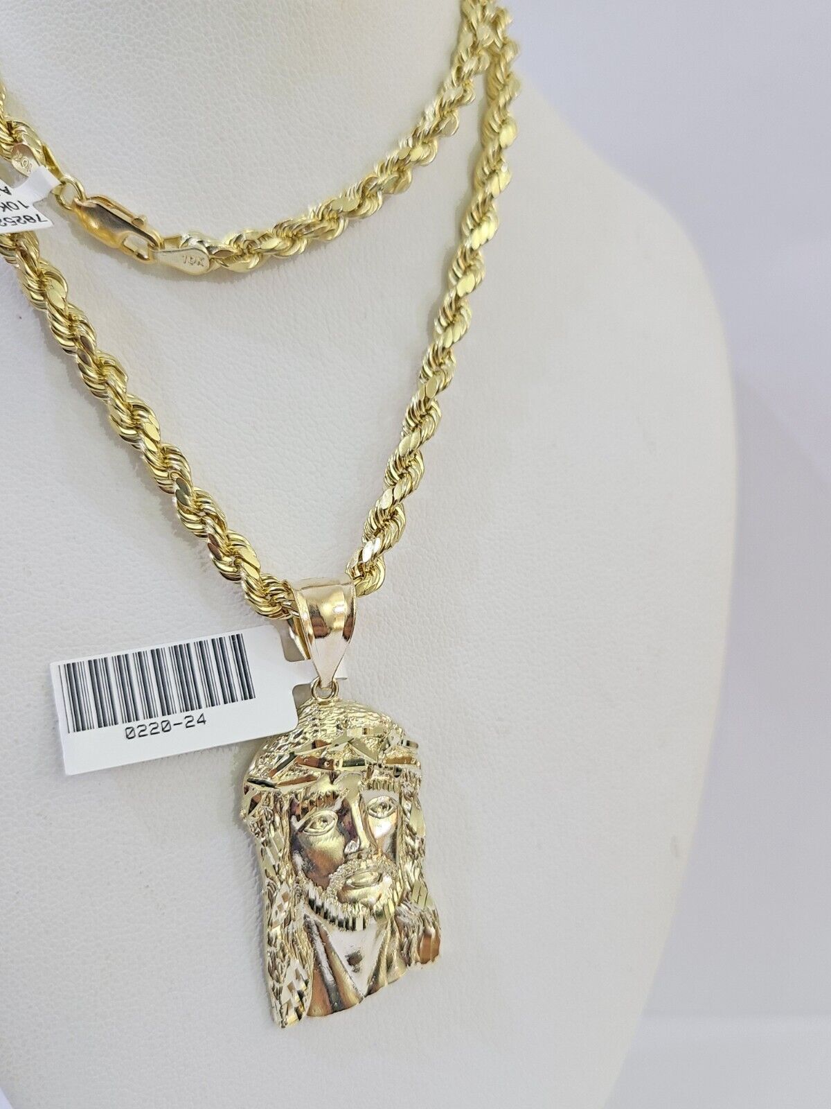 10k Yellow Gold Rope Chain Jesus Cross Charm Set 4mm 18" - 26"Inch Necklace - GoldenlinQ