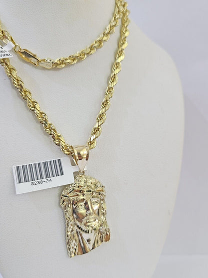 10k Yellow Gold Rope Chain Jesus Cross Charm Set 4mm 18" - 26"Inch Necklace - GoldenlinQ