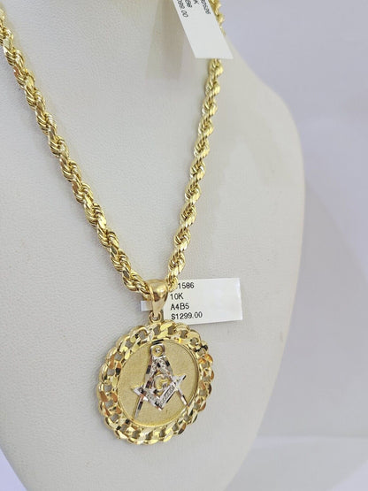 10k Yellow Gold Rope Chain Masonic Charm Set 4mm 18" - 26"Inch Necklace - GoldenlinQ