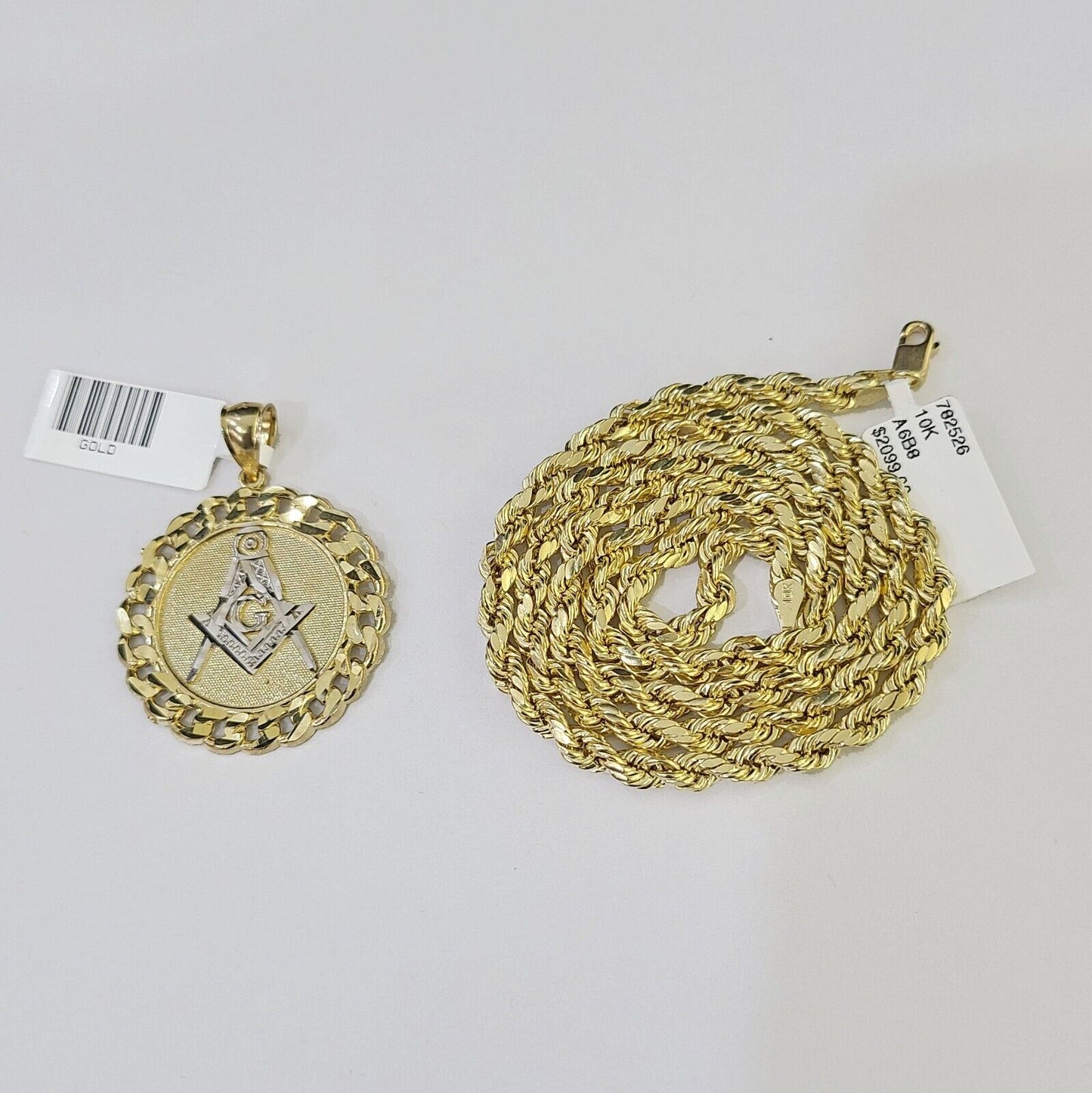 10k Yellow Gold Rope Chain Masonic Charm Set 4mm 18" - 26"Inch Necklace - GoldenlinQ