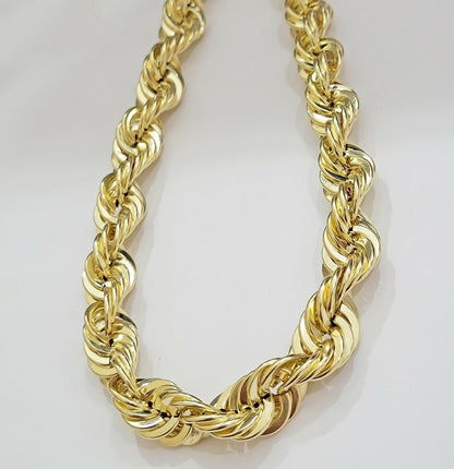 10K Yellow Gold Rope Chain Necklace 15mm Thick 26" Diamond Cut men's Real 10kt - Reva Jeweler