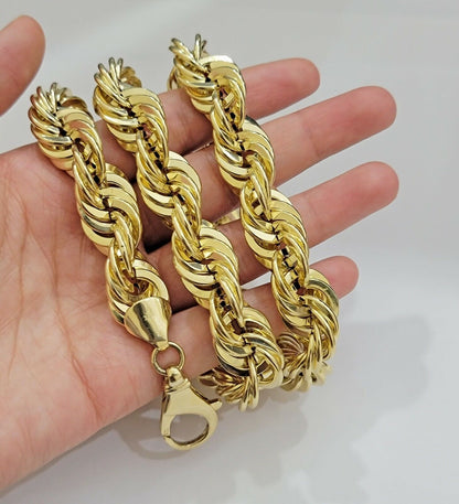 10K Yellow Gold Rope Chain Necklace 15mm Thick 26" Diamond Cut men's Real 10kt - Reva Jeweler