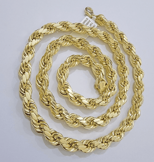 10k Yellow Gold Rope Chain Necklace 24 Inch 8mm Diamond Cuts Men's REAL 10KT - Reva Jeweler