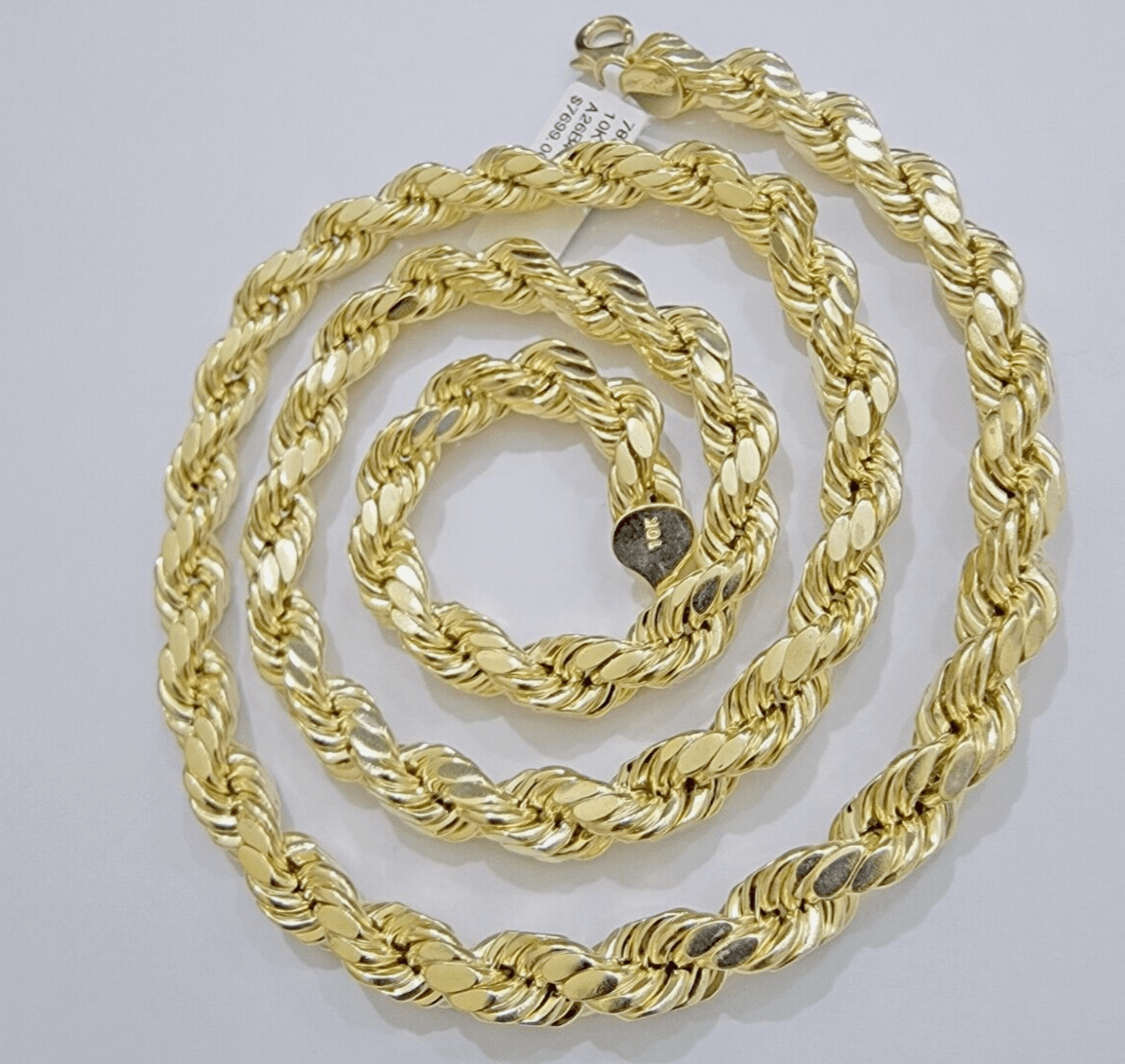 10k Yellow Gold Rope Chain Necklace 28 Inch 8mm Diamond Cuts Men's REAL 10KT - Reva Jeweler