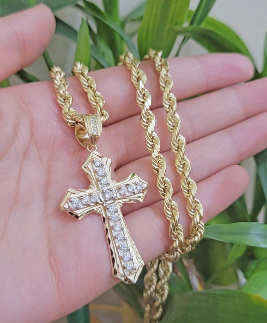 10k Yellow Gold Rope Chain Necklace Cross Charm Pendant Set 24" 5mm, REAL 10kt - Reva Jeweler