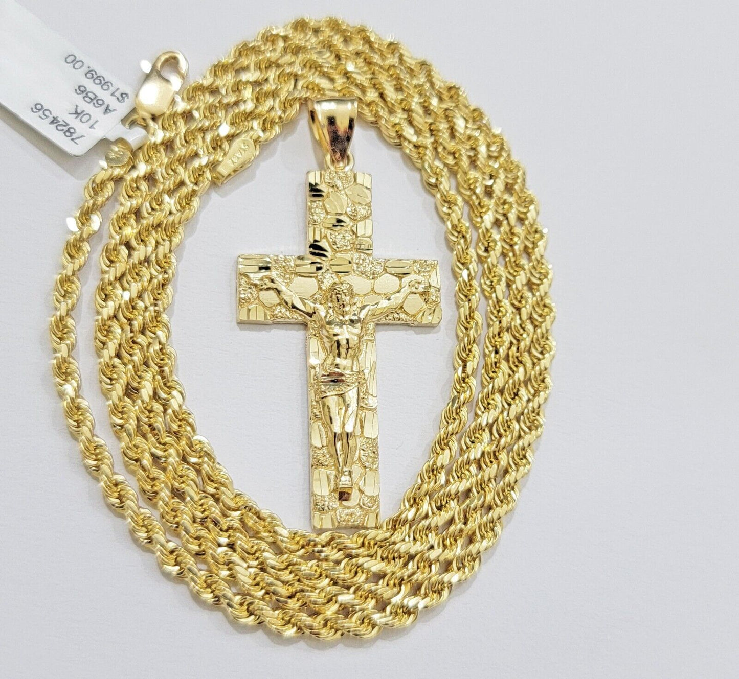 10k Yellow Gold Rope Chain Nugget Cross Charm Set 20 Inch necklace pendant, REAL - Reva Jeweler