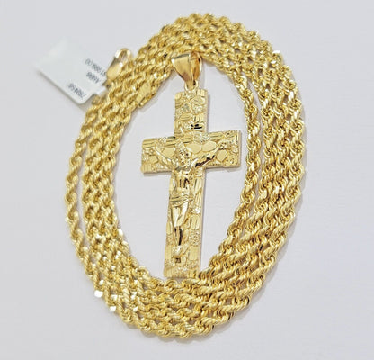 10k Yellow Gold Rope Chain Nugget Cross Charm Set 20 Inch necklace pendant, REAL - Reva Jeweler