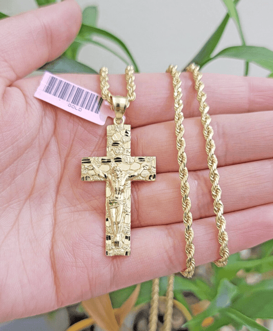 10k Yellow Gold Rope Chain Nugget Cross Charm Set 22 Inch necklace pendant, REAL - Reva Jeweler