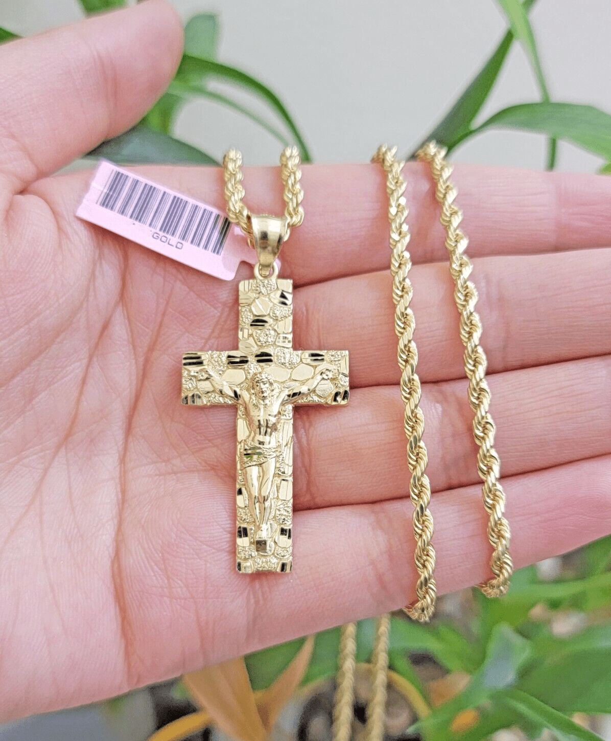 10k Yellow Gold Rope Chain Nugget Cross Charm Set 24 Inch necklace pendant, REAL - Reva Jeweler