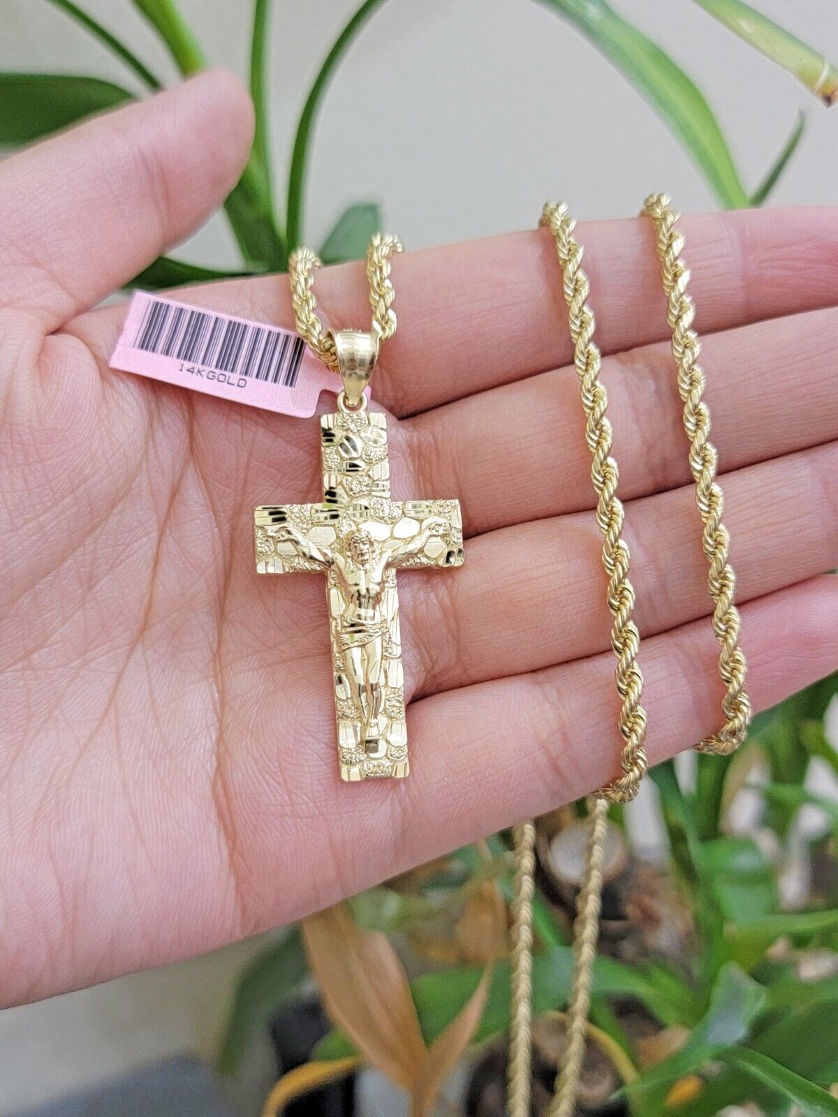 10k Yellow Gold Rope Chain Nugget Cross Charm Set 24 Inch necklace pendant, REAL - Reva Jeweler