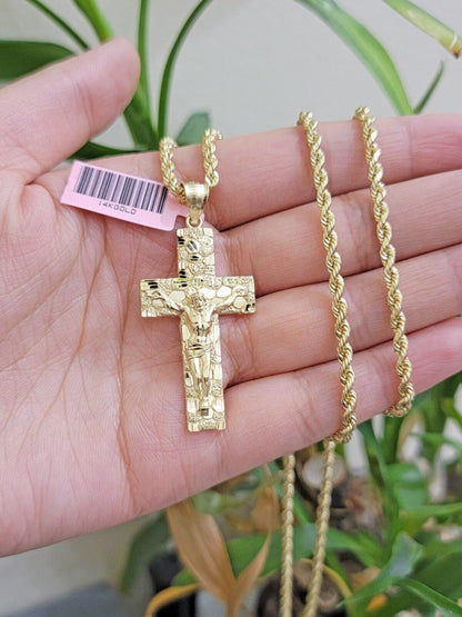 10k Yellow Gold Rope Chain Nugget Cross Charm Set 28 Inch necklace pendant, REAL - Reva Jeweler
