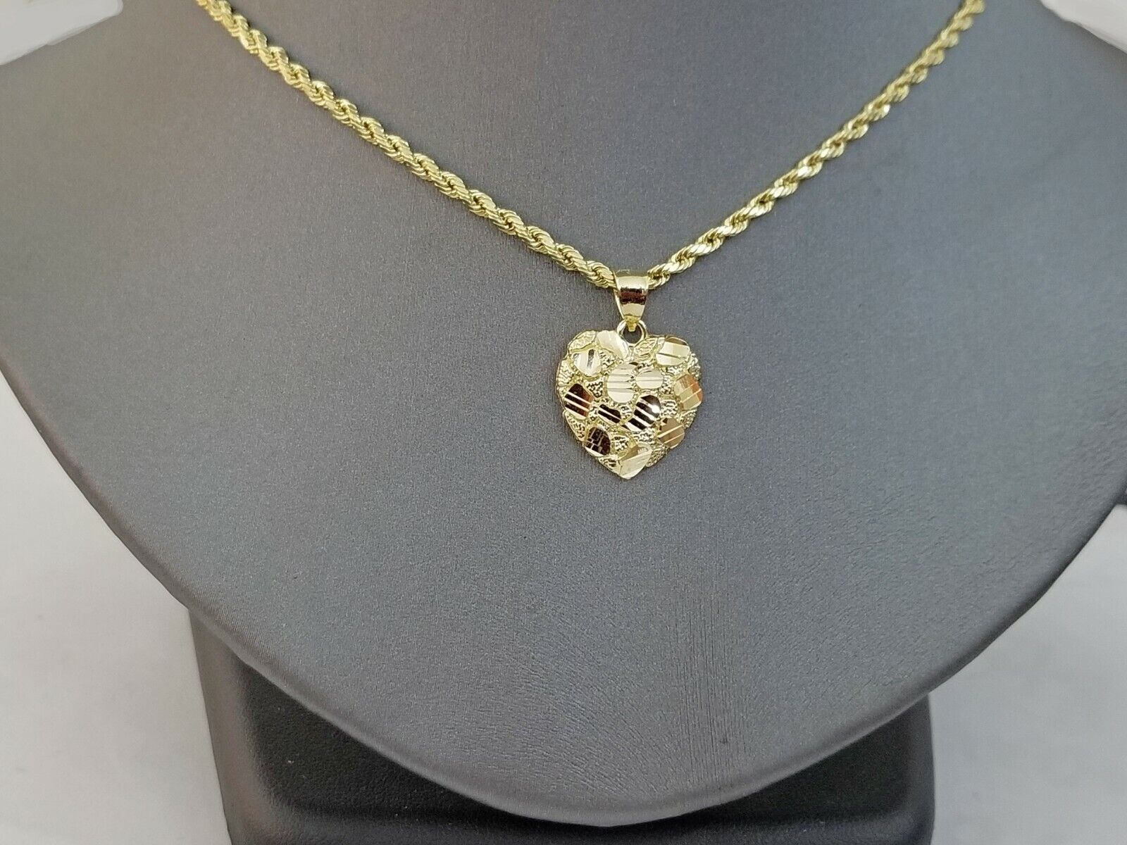 10k Yellow Gold Rope Chain Nugget Heart Charm Pendant 18" 20" 22" 24" 26" 28" - Reva Jeweler