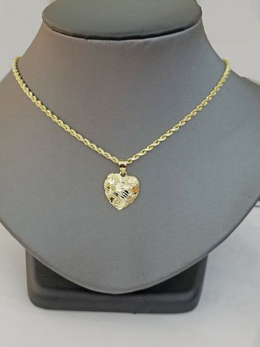 10k Yellow Gold Rope Chain Nugget Heart Charm Pendant 18" 20" 22" 24" 26" 28" - Reva Jeweler