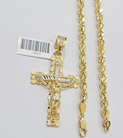 10k yellow gold rope chain with cross charm pendant set real 10kt 4mm necklace - Reva Jeweler