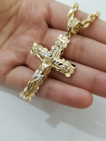 10k yellow gold rope chain with cross charm pendant set real 10kt 4mm necklace - Reva Jeweler